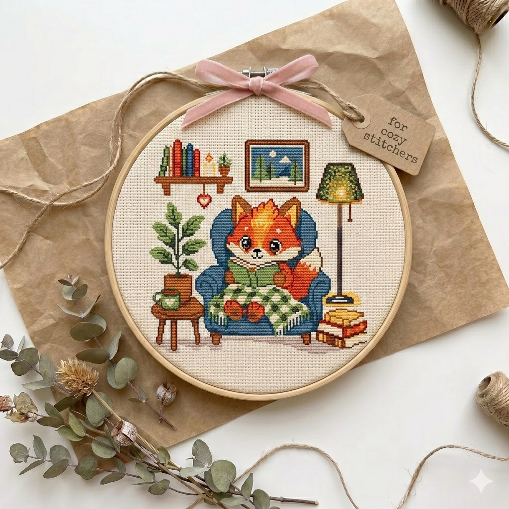 Cozy Reading Fox cross stitch pattern